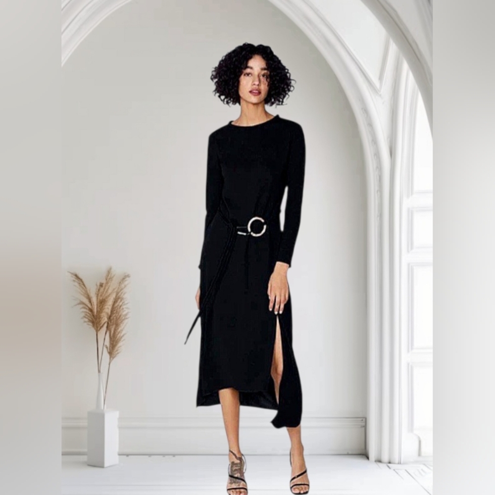 Zara Elegant Black Midi Dress with Ring Belt SIZE S NWOT